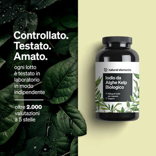 Der Text hebt Labortests und Kundenrezensionen für das Nahrungsergänzungsmittel Iodio da Alghe Kelp Biologico hervor.