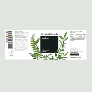 Produktlabel "natural elements Kalium" mit grünen Blättern, Supplement Facts, 340 veganen Kapseln und deutschem Text.