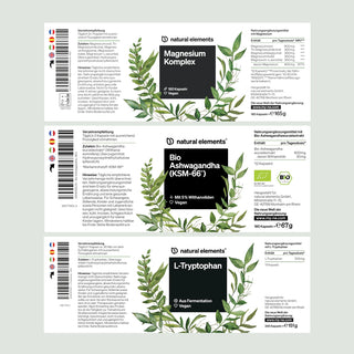 Magnesium Komplex, Bio Ashwagandha (KSM-66) und L-Tryptophan mit grünen Blattelementen und Infos auf Deutsch.