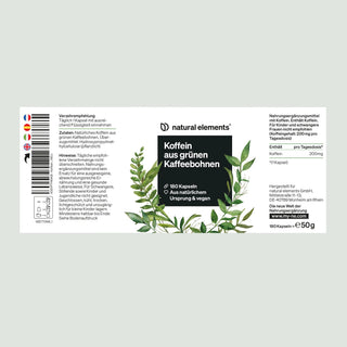 Zutatenliste, veganes Symbol, Barcode und botanische Illustrationen auf dem Etikett der Green Coffee Bean Kapseln.