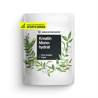 Kreatin Monohydrat Pulver von NATURAL ELEMENTS mit grünen Blättern, "Ohne Zusätze" und "Vegan" Tags, gelbes "Sports Series" Label.