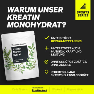 Ein weißer Beutel mit Kreatin Monohydrat von natural elements, mit einem Text, der die Vorteile von Kreatin Monohydrat auflistet, wie z. B. Unterstützung der Kraft, keine Zusatzstoffe und entwickelt in Deutschland, auf einem schwarzen Hintergrund.