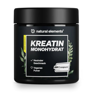 natural elements Creatina Monoidrato in Polvere - Creapure®, Creatina Monoidrato in Polvere vegana dal gusto neutro e certificazione Creapure®.