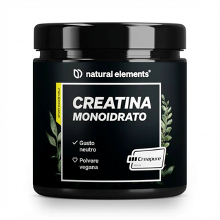 Natural Elements Creatina Monoidrato Pulver, geschmacksneutral, vegan mit Creapure-Logo auf der Verpackung gekennzeichnet.