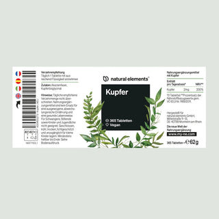Das Etikett der Natural Elements Kupfer-Tabletten zeigt Inhaltsstoffe, Nährwertangaben und ein Vegan-Symbol mit grünem Blattmuster.