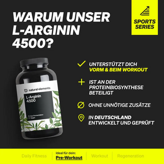 Neben einer schwarzen Flasche mit Nahrungsergänzungsmitteln mit der Aufschrift „L-Arginin 4500“ ist ein Text zu sehen, der die Vorteile des Produkts für das Training und die Proteinsynthese hervorhebt, dass es keine unnötigen Zusatzstoffe enthält und in Deutschland entwickelt wurde.