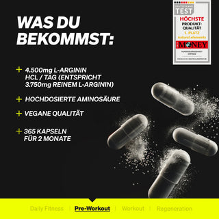 Schwarzer Hintergrund mit weißem und gelbem Text, der die Vorteile von Nahrungsergänzungsmitteln auflistet, neben schwebenden schwarzen Kapseln; mit einer Qualitätsauszeichnungsplakette in der oberen rechten Ecke.