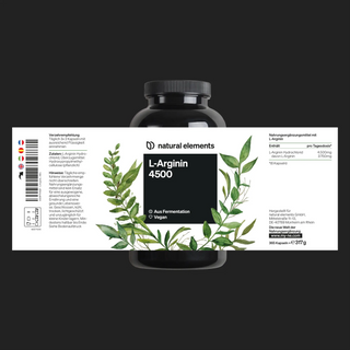 Eine schwarze Flasche mit der Aufschrift „L-Arginin 4500“ von Natural Elements, mit grünen Blättern und Vegan- und Fermentationssymbolen auf weißem Hintergrund.