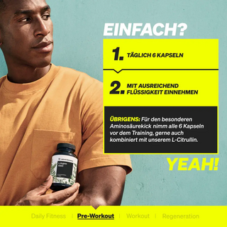 Ein Mann im gelben Hemd hält eine Flasche mit Nahrungsergänzungsmitteln. Der Text gibt eine Dosierungsanleitung: Täglich 6 Kapseln mit ausreichend Flüssigkeit einnehmen, insbesondere vor dem Training.