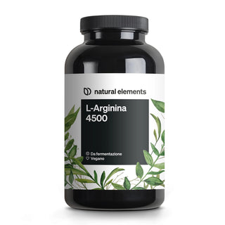 Una bottiglia di plastica nera con la scritta "natural elements L-Arginina 4500" con illustrazioni di foglie e i simboli "Da fermentazione" e "Vegano" sull'etichetta bianca.