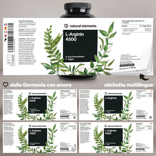 Una bottiglia nera con l'etichetta "L-Arginin 4500" e un motivo a foglie verdi, circondata da etichette multilingue in tedesco, italiano, francese e spagnolo.