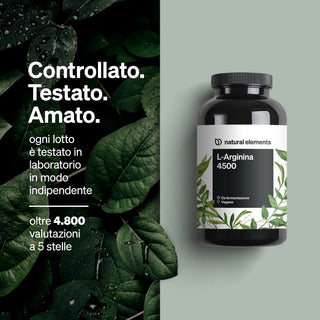 Der italienische Text auf der Flasche des Nahrungsergänzungsmittels L-Arginina 4500 von Natural Elements hebt natürliche Inhaltsstoffe, Labortests und 5-Sterne-Bewertungen hervor.