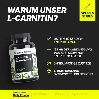Auf der Abbildung ist eine Flasche L-Carnitin-Ergänzungsmittel mit einem Text zu sehen, der die Vorteile hervorhebt: Energieunterstützung, Fettumwandlung, keine unnötigen Zusatzstoffe und Entwicklung und Prüfung in Deutschland.