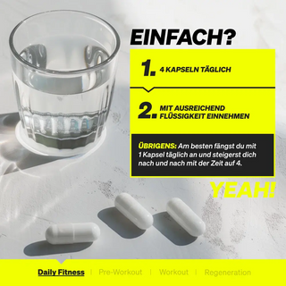 Ein Glas Wasser und vier weiße Kapseln auf einem Tisch mit deutschen Anweisungen zur täglichen Kapseleinnahme und Flüssigkeitszufuhr.