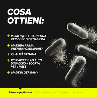 Italienischer Text hebt die Vorteile von L-Carnitin hervor: Carnipure®-Inhaltsstoff, vegan, 120 Kapseln, hergestellt in Deutschland.