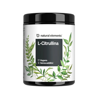 Un contenitore dell'integratore alimentare L-Citrullina di Natural Elements con coperchio nero e motivo botanico, con l'iscrizione "Vegano" e "Senza additivi".
