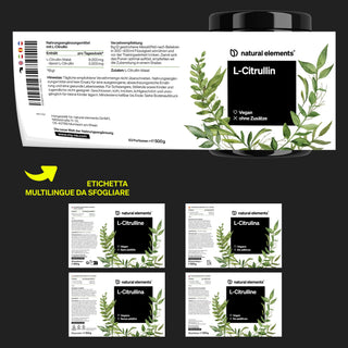 Etichetta del prodotto per "L-Citrullina" di Natural Elements con ingredienti, istruzioni per l'uso, simboli vegani e senza additivi, e foglietti illustrativi multilingue. Un design a foglia verde adorna la confezione.