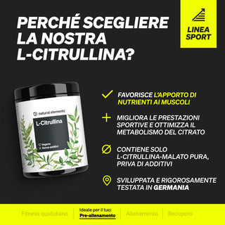 Un contenitore di L-Citrullina è mostrato insieme a un testo che ne evidenzia i benefici per i nutrienti muscolari, le prestazioni, la purezza e i test tedeschi.