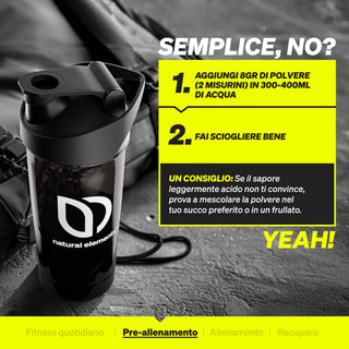 Die italienische Anleitung zum Mischen von Pre-Workout-Pulver mit hervorgehobenen Tipps und fettgedrucktem Text ist sichtbar.