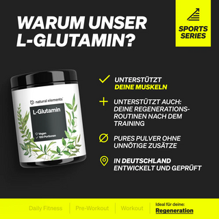 Auf einem schwarz-gelben Hintergrund ist ein schwarzer Behälter mit L-Glutamin-Pulver abgebildet, auf dem die Produktvorteile in deutscher Sprache aufgeführt sind und die Muskelunterstützung und -regeneration hervorheben.