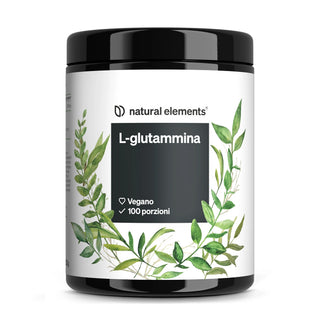 Un contenitore di polvere di L-Glutamina di Natural Elements con etichetta bianca, motivo a foglie verdi e l'indicazione che è vegano e contiene 100 porzioni.