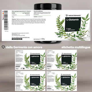 Etichetta bianca del prodotto per la polvere di L-Glutammina di natural elements con illustrazioni di foglie verdi, informazioni nutrizionali e simboli vegani/porzioni in tedesco e altre lingue.