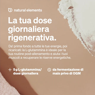 Der Text in italienischer Sprache wirbt für tägliches L-Glutamin als Energielieferant und hebt die gentechnikfreie Maisfermentation und die natürlichen Elemente hervor.