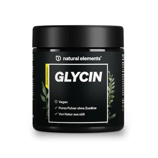 L-Glycin Pulver von NATURAL ELEMENTS, veganes Glycinpulver ohne Zusatzstoffe oder Süßungsmittel.