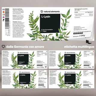 Ein L-Lysin-Präparatetikett von Natural Elements mit grünen Blattillustrationen und Produktinfos in mehreren Sprachen.