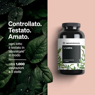 Una bottiglia dell'integratore alimentare L-Lisina di Natural Elements è mostrata accanto a foglie verdi e testo italiano che evidenzia test di laboratorio e oltre 1.000 recensioni a cinque stelle.