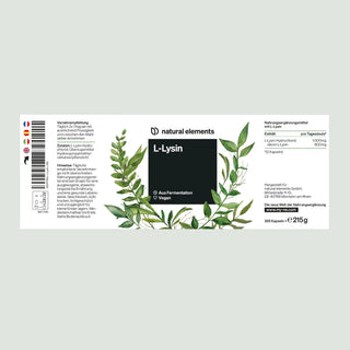 L-Lysin" von natural elements mit grünen botanischen Illustrationen und deutschen Produktinfos, vegan, 365 Kapseln.