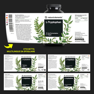 Un flaconcino dell'integratore alimentare L-Triptofano di natural elements con un'etichetta multilingue che include una grafica a foglia verde e informazioni sul prodotto in più lingue.
