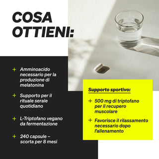 Ein Glas Wasser und eine Kapsel mit italienischem Text über die Vorteile und natürlichen Bestandteile eines Tryptophan-Ergänzungsmittels.