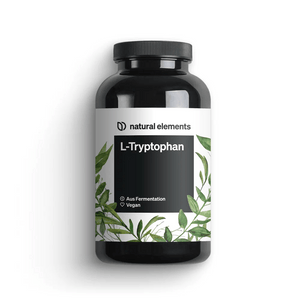 Un'elegante bottiglia nera con l'elegante scritta “NATURAL ELEMENTS L-Tryptophan Kapseln” è splendidamente decorata con illustrazioni di foglie. L'etichetta evidenzia che il prodotto è sia vegano che fermentato e contribuisce a un'esperienza di sonno naturale associata all'ormone del sonno melatonina.
