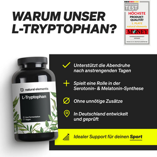 Eine schwarze Flasche mit L-Tryptophan-Nahrungsergänzungsmitteln ist abgebildet, auf der die wichtigsten Vorteile aufgeführt sind, darunter die Unterstützung von Entspannung, Serotonin- und Melatoninsynthese, keine unnötigen Zusatzstoffe und eine vegane Formel.