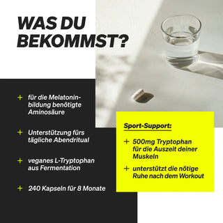 Ein Glas Wasser und eine Kapsel liegen auf einem weißen Tisch. Daneben steht ein Infotext auf Deutsch über die Vorteile von L-Tryptophan-Kapseln.