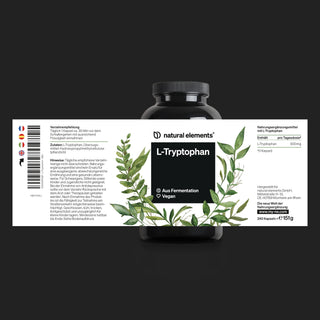 Das Etikett zeigt "natural elements L-Tryptophan", grüne Blätter, Infos auf Deutsch und weist auf die vegane, fermentierte Formel hin.