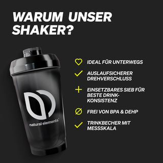 Fünf Vorteile wie auslaufsicherer Drehverschluss, Messskala und BPA-freies Material sind übersichtlich aufgelistet.