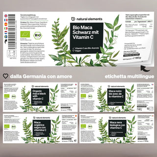 Produktetiketten für "natural elements" Bio Maca Schwarz mit Vitamin C in vier Sprachen, grüne Blätter, detaillierte Produktinformation.