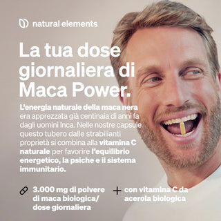Ein lächelnder Mann hält eine Kapsel zwischen seinen Zähnen. Der italienische Text bewirbt Maca als Nahrungsergänzungsmittel für Energie, Ausgeglichenheit und zur Unterstützung des Immunsystems.