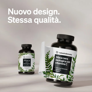 Zwei Flaschen Natural Elements Maca Supplement, eine mit dem Etikett "Maca nera biologica con vitamina C", und italienischer Text oben.