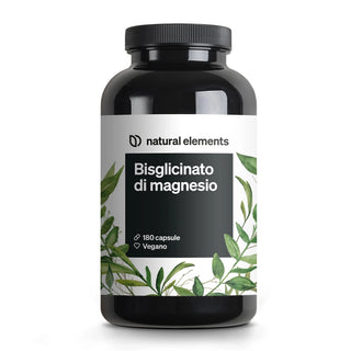 Ein Produkt von Natural Elements: "Bisglicinato di magnesio", 180 vegane Kapseln, Etikett mit grünen Blättern.