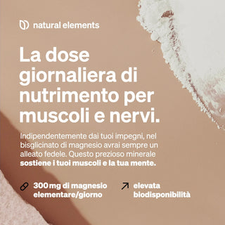 Eine Portion Magnesium-Pulver mit italienischem Text, der für tägliche Magnesiumaufnahme zur Muskel- und Nervenfunktion wirbt.