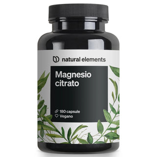 Un flaconcino nero con la scritta "Magnesio citrato" di Natural Elements, che contiene 180 capsule vegane, con un motivo a foglia sull'etichetta.