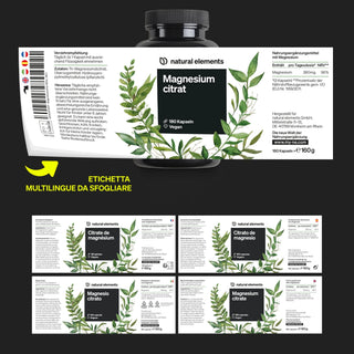 Una bottiglia di capsule di magnesio citrato con un'etichetta multilingue che contiene illustrazioni botaniche verdi e informazioni sul prodotto in cinque lingue.