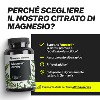 Der Text listet die Vorteile der natürlichen Elemente Magnesio Citrato auf, darunter die schnelle Absorption, keine Zusatzstoffe und deutsche Tests.