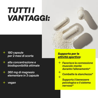 Tre capsule bianche, di cui una aperta che rivela la polvere, sono raffigurate accanto a un testo che elenca i benefici del prodotto e il supporto per gli atleti, inclusi il contenuto di magnesio e la formulazione vegana.