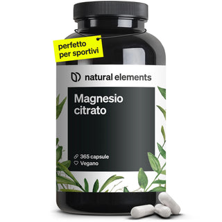 Magnesio citrato" von Natural Elements, 365 vegane Kapseln, drei weiße Kapseln vorne, gelbes Label "perfetto per sportivi".