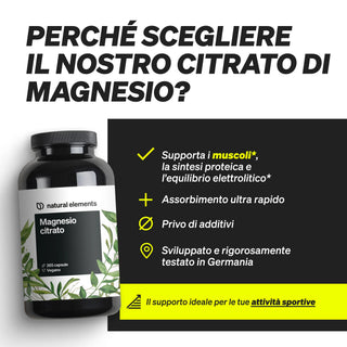 Una piccola bottiglia di Magnesio citrato di Natural Elements è mostrata accanto a punti elenco che ne evidenziano i benefici, come il supporto muscolare e il rapido assorbimento.