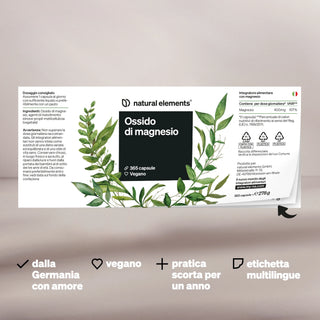 Ergänzungsetikett für "Ossido di magnesio" von natural elements, mit grünen Blattillustrationen und Icons für vegan, made in Germany, mehrsprachig.